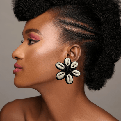 Handmade Cowrie Shell Beaded Earrings - Floral Statement Design - Fatisha Boutique