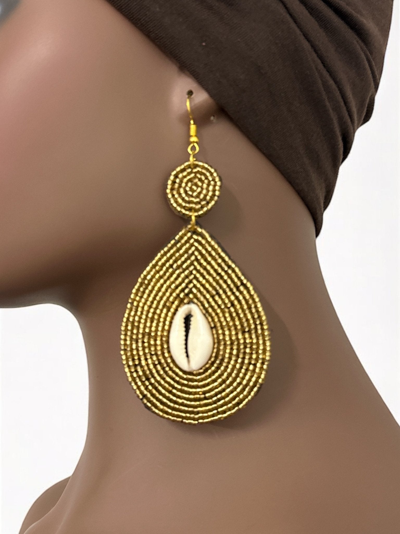 Handmade Gold Beaded Cowrie Shell Earrings - Fatisha Boutique
