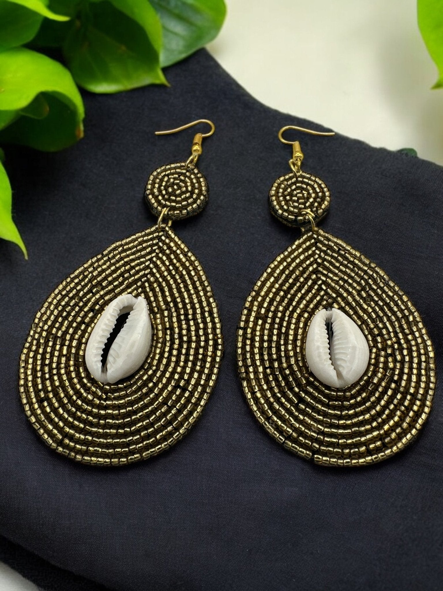 Handmade Gold Beaded Cowrie Shell Earrings - Fatisha Boutique