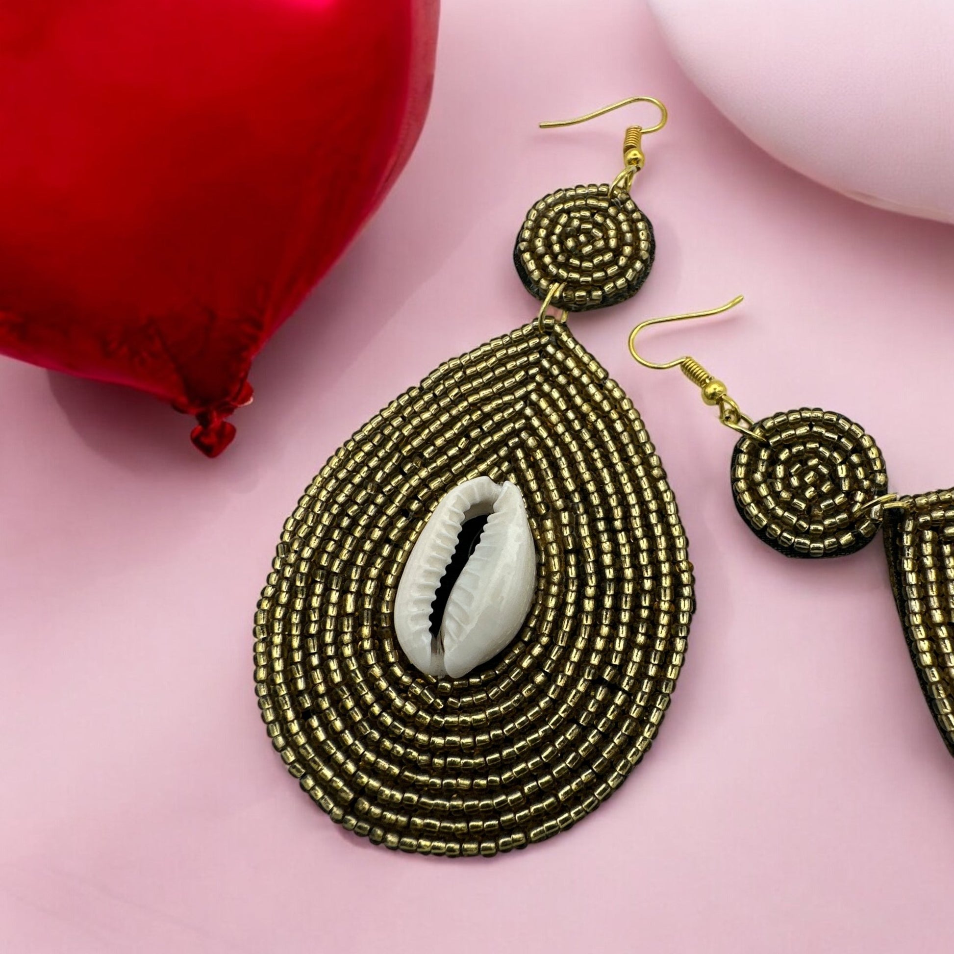 Handmade Gold Beaded Cowrie Shell Earrings - Fatisha Boutique