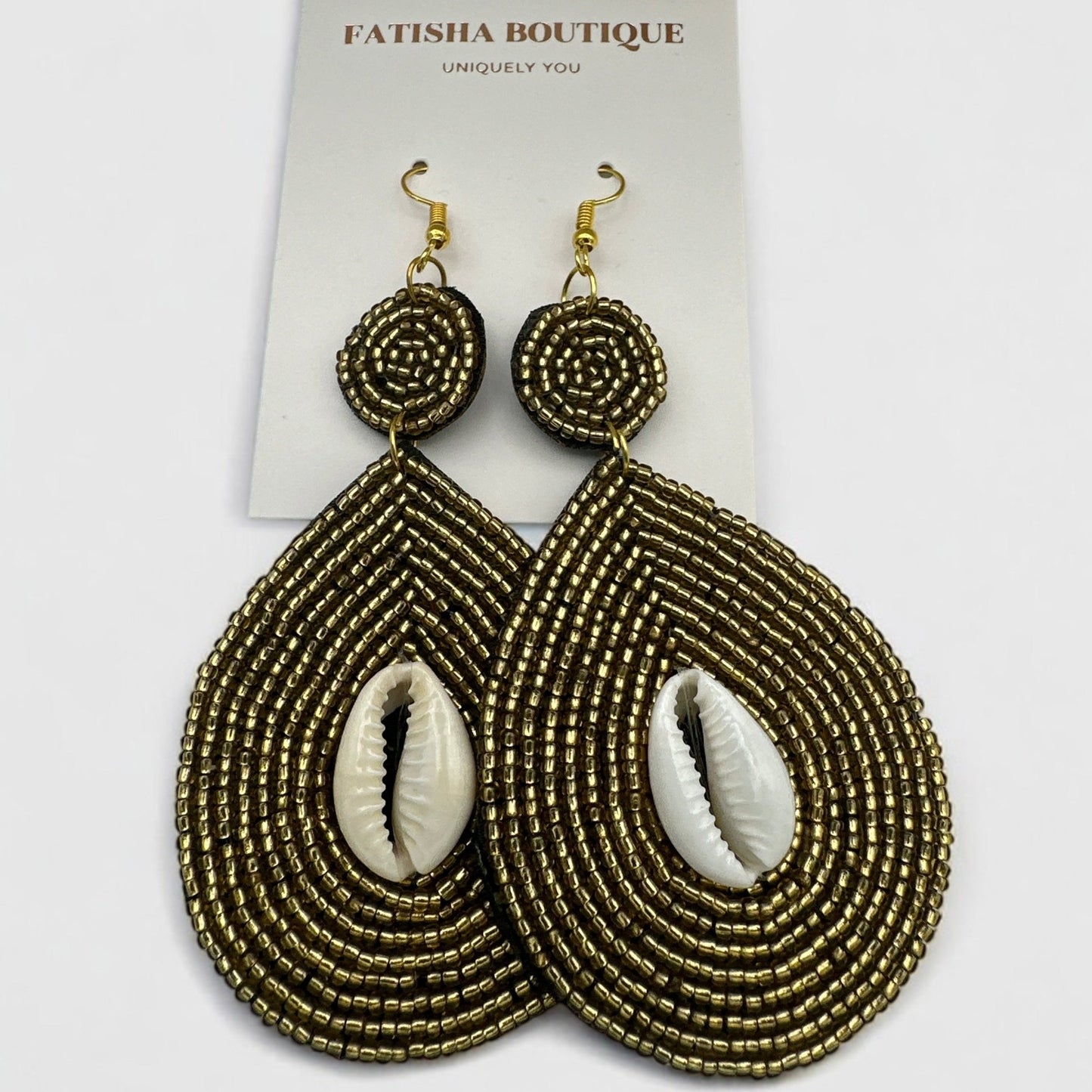 Handmade Gold Beaded Cowrie Shell Earrings – Boho Tribal Drop Jewellery with Ethnic Island Vibes - Fatisha Boutique
