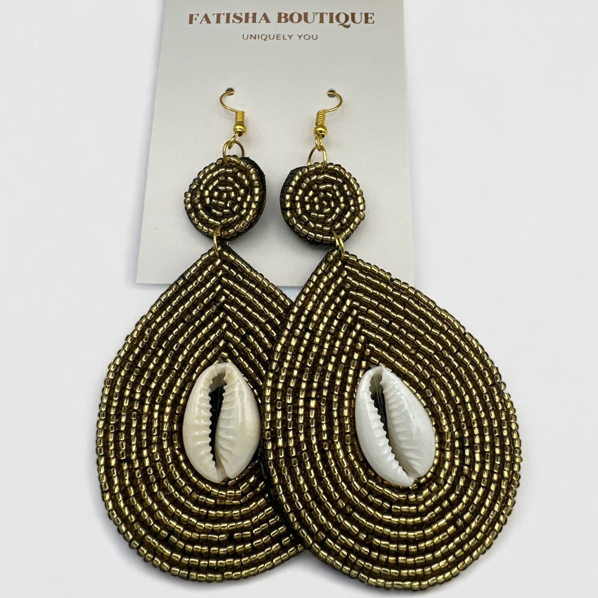 Handmade Gold Beaded Cowrie Shell Earrings – Boho Tribal Drop Jewellery with Ethnic Island Vibes - Fatisha Boutique