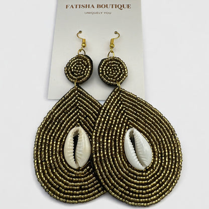 Handmade Gold Beaded Cowrie Shell Earrings – Boho Tribal Drop Jewellery with Ethnic Island Vibes - Fatisha Boutique