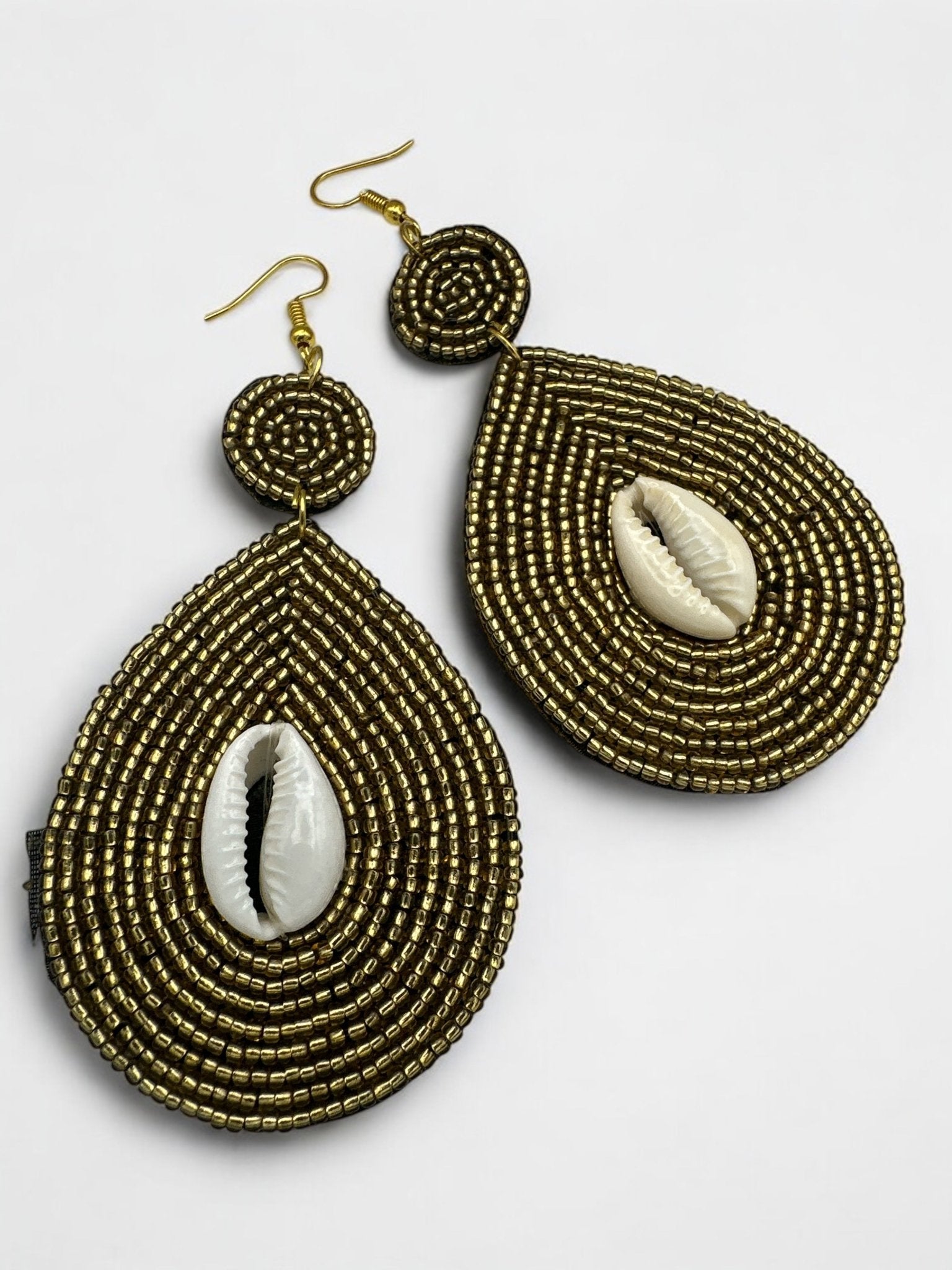 Handmade Gold Beaded Cowrie Shell Earrings – Boho Tribal Drop Jewellery with Ethnic Island Vibes - Fatisha Boutique