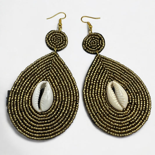 Handmade Gold Beaded Cowrie Shell Earrings – Boho Tribal Drop Jewellery with Ethnic Island Vibes - Fatisha Boutique