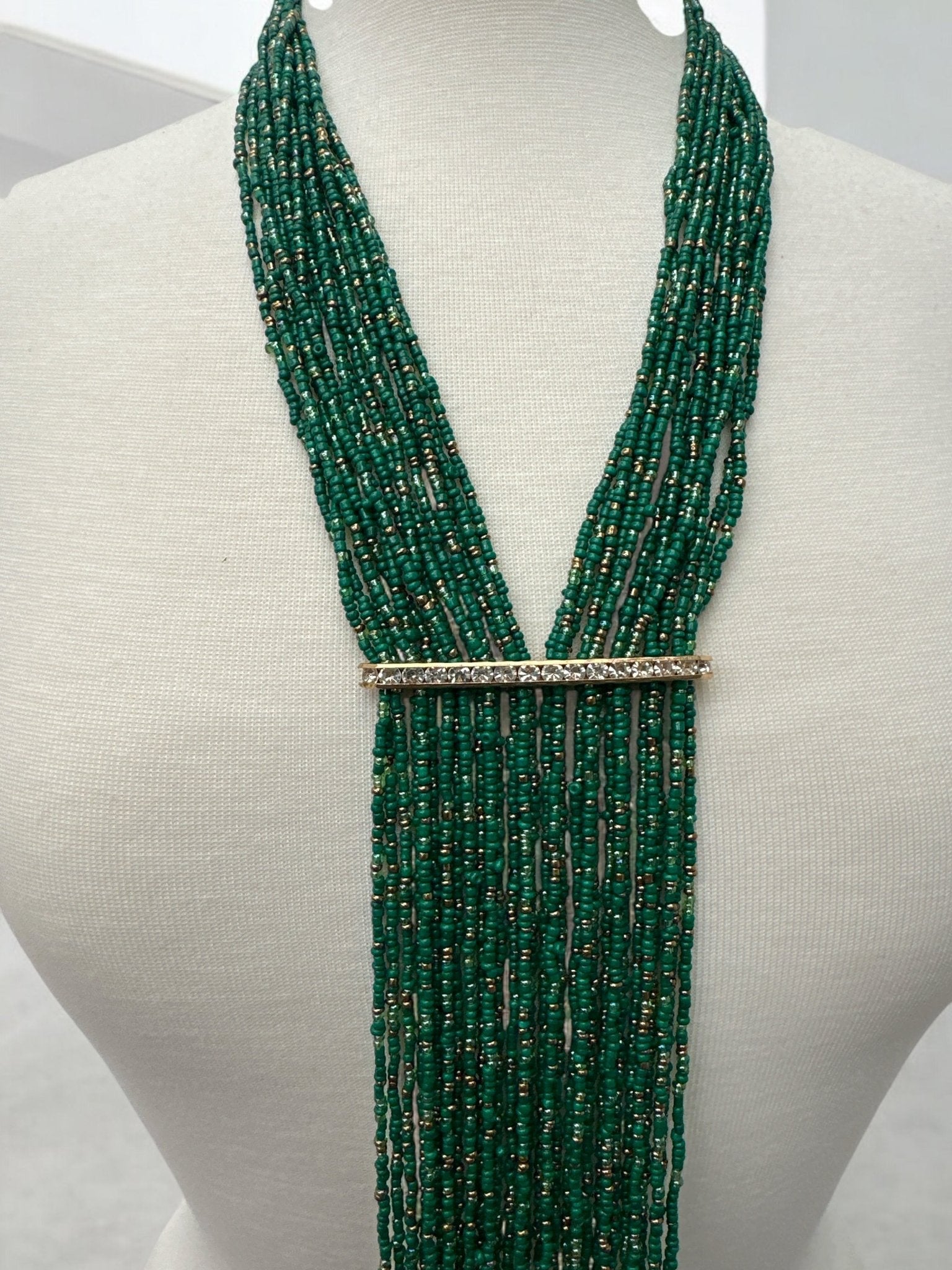 Handmade Green Multi - Strand Beaded Necklace - Elegant Boho Fringe Necklace - Fatisha Boutique