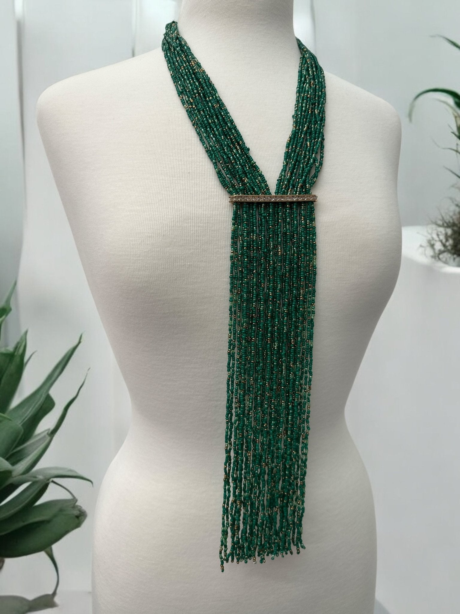 Handmade Green Multi - Strand Beaded Necklace - Elegant Boho Fringe Necklace - Fatisha Boutique