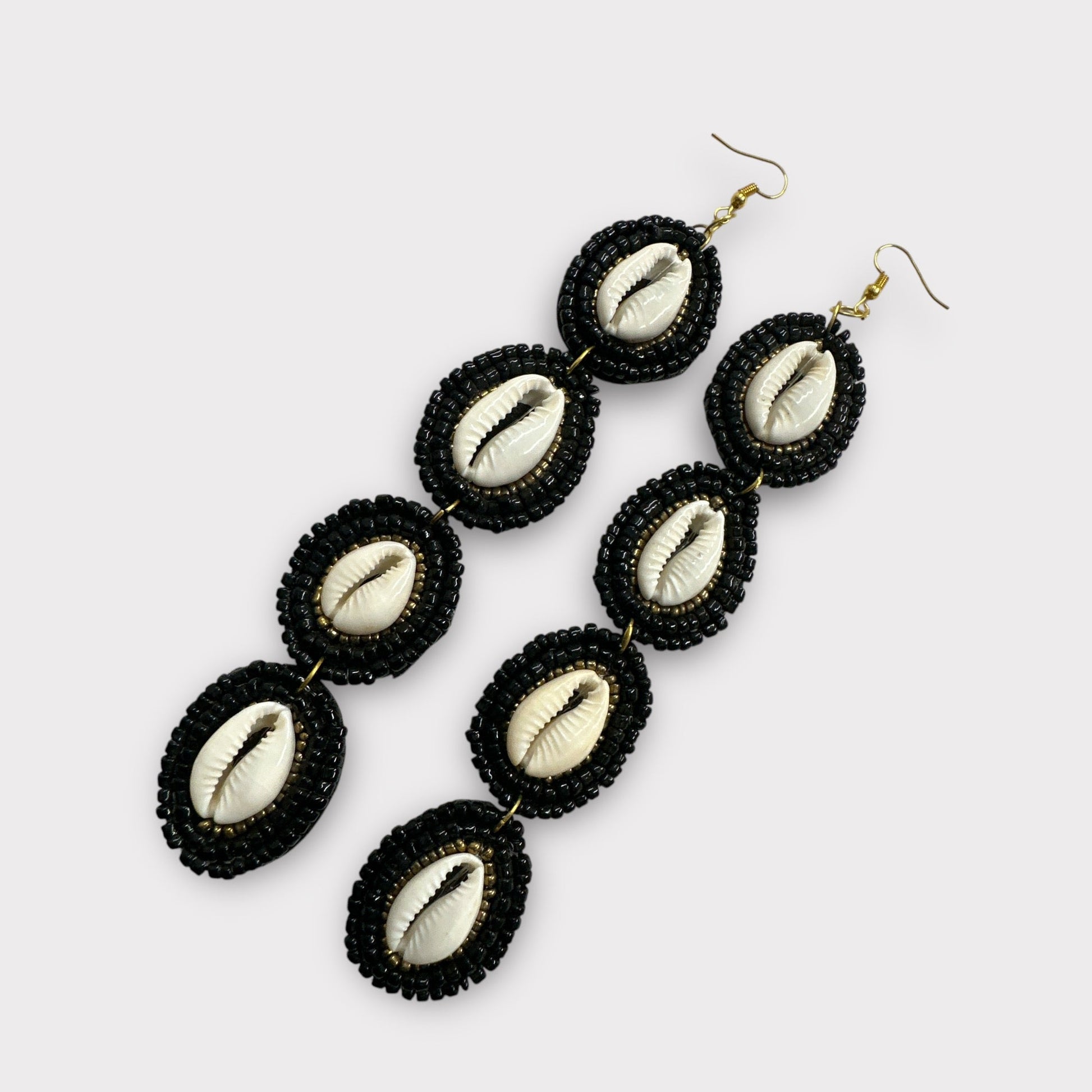 Handmade Long Cowrie Shell Beaded Earrings - Statement Dangle Earrings with Black Beads - Fatisha Boutique