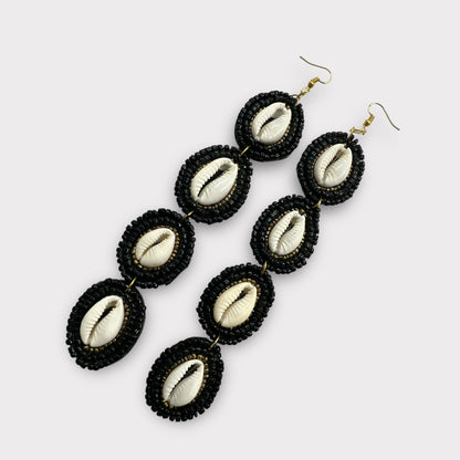 Handmade Long Cowrie Shell Beaded Earrings - Statement Dangle Earrings with Black Beads - Fatisha Boutique