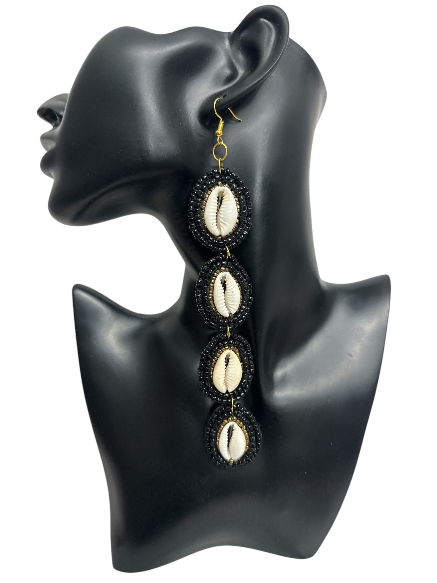 Handmade Long Cowrie Shell Beaded Earrings - Statement Dangle Earrings with Black Beads - Fatisha Boutique
