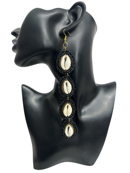 Handmade Long Cowrie Shell Beaded Earrings - Statement Dangle Earrings with Black Beads - Fatisha Boutique