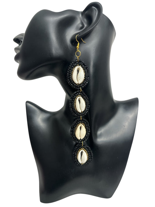 Handmade Long Cowrie Shell Beaded Earrings - Statement Dangle Earrings with Black Beads - Fatisha Boutique