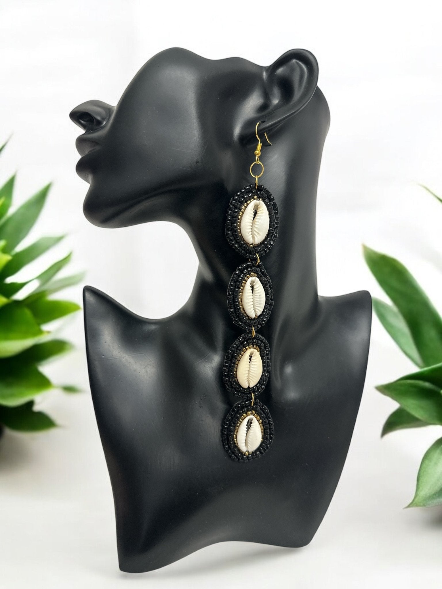 Handmade Long Cowrie Shell Beaded Earrings - Statement Dangle Earrings with Black Beads - Fatisha Boutique