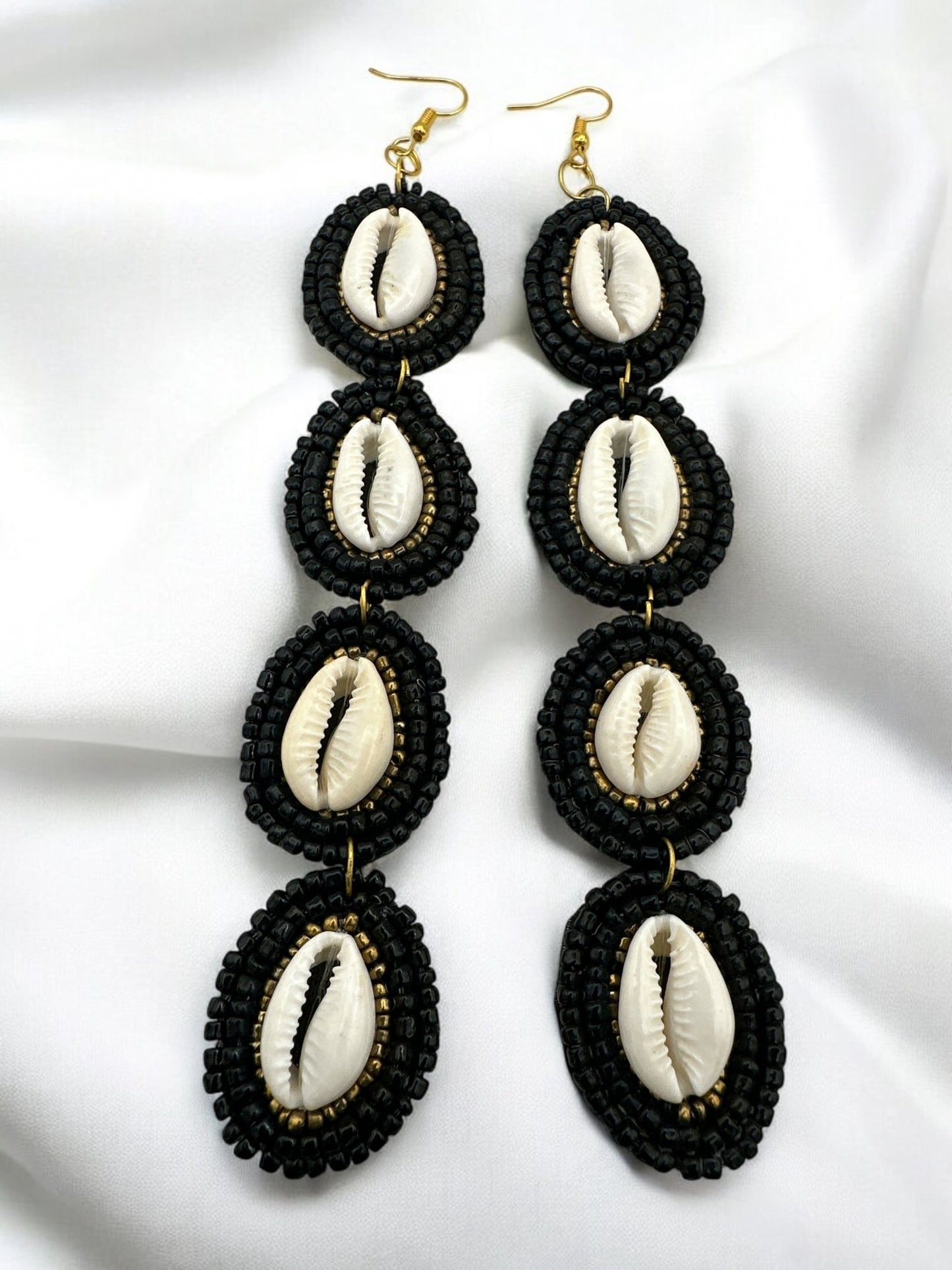 Handmade Long Cowrie Shell Beaded Earrings - Statement Dangle Earrings with Black Beads - Fatisha Boutique