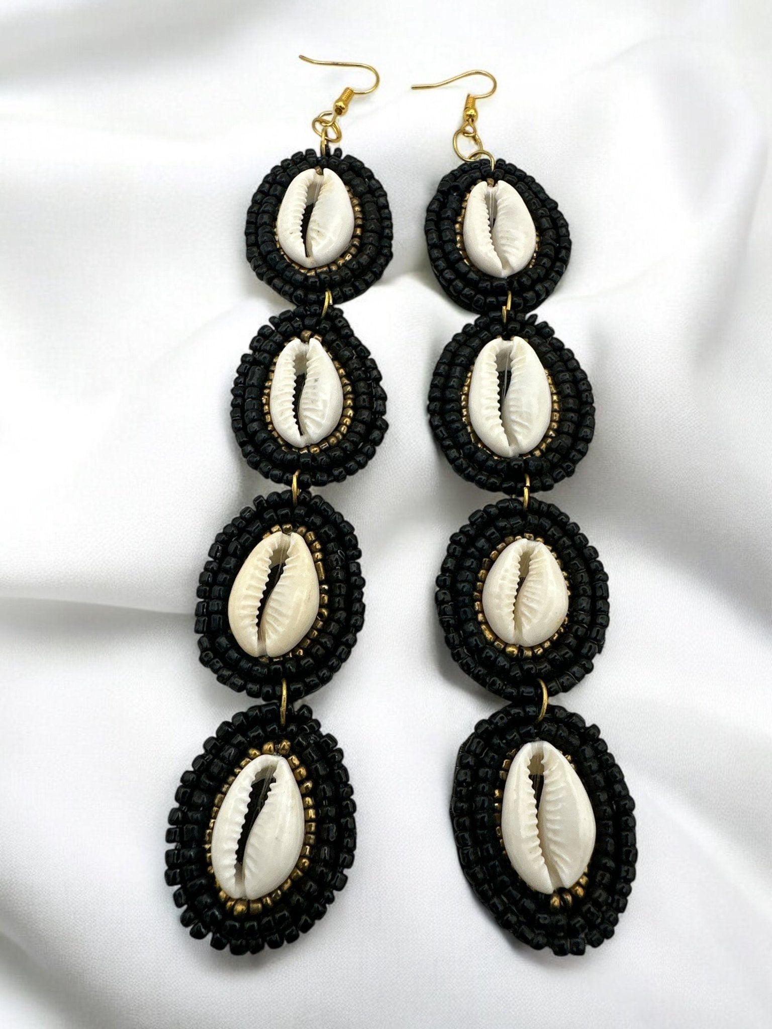 Handmade Long Cowrie Shell Beaded Earrings - Statement Dangle Earrings with Black Beads - Fatisha Boutique