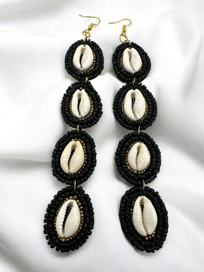 Handmade Long Cowrie Shell Beaded Earrings - Statement Dangle Earrings with Black Beads - Fatisha Boutique