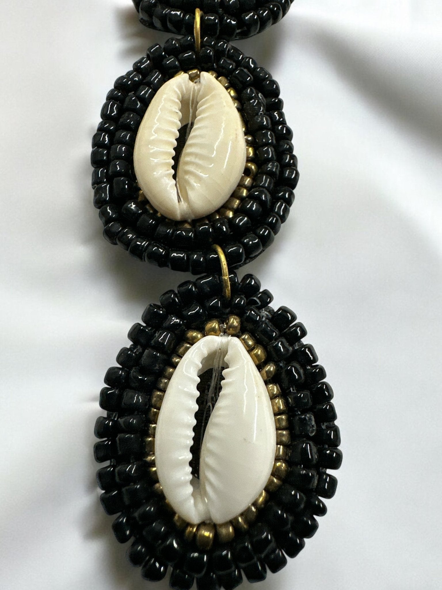 Handmade Long Cowrie Shell Beaded Earrings - Statement Dangle Earrings with Black Beads - Fatisha Boutique