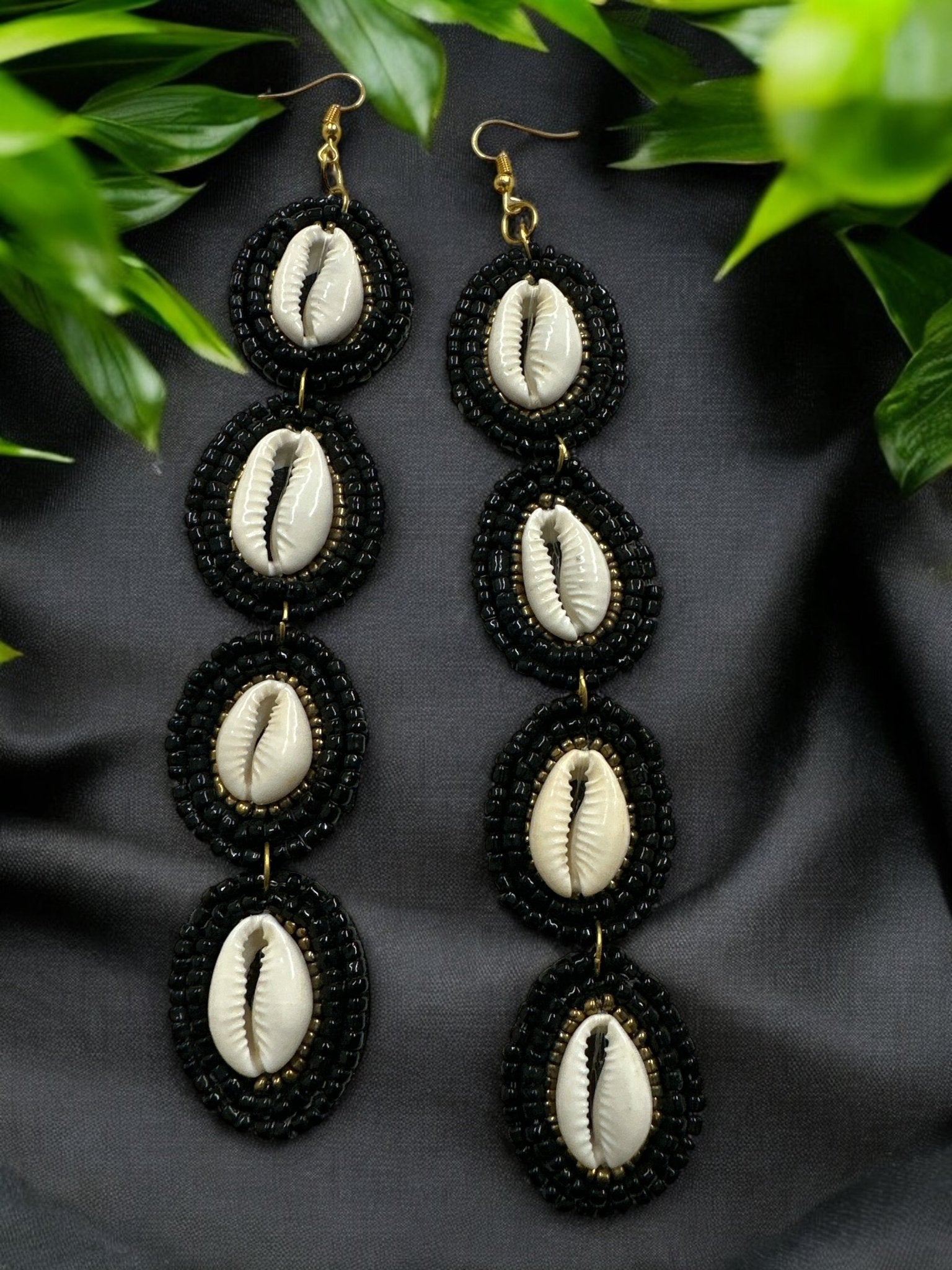 Handmade Long Cowrie Shell Beaded Earrings - Statement Dangle Earrings with Black Beads - Fatisha Boutique