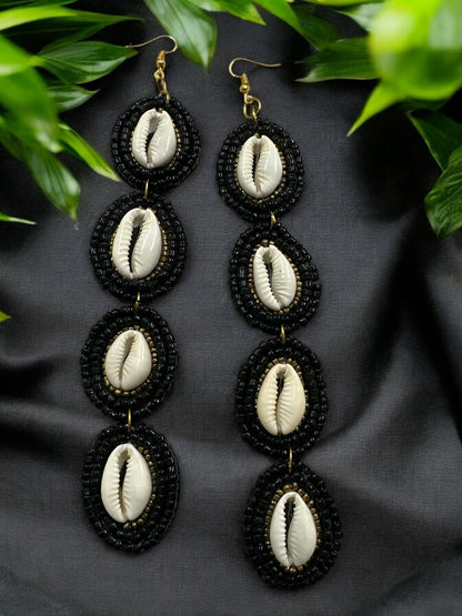Handmade Long Cowrie Shell Beaded Earrings - Statement Dangle Earrings with Black Beads - Fatisha Boutique