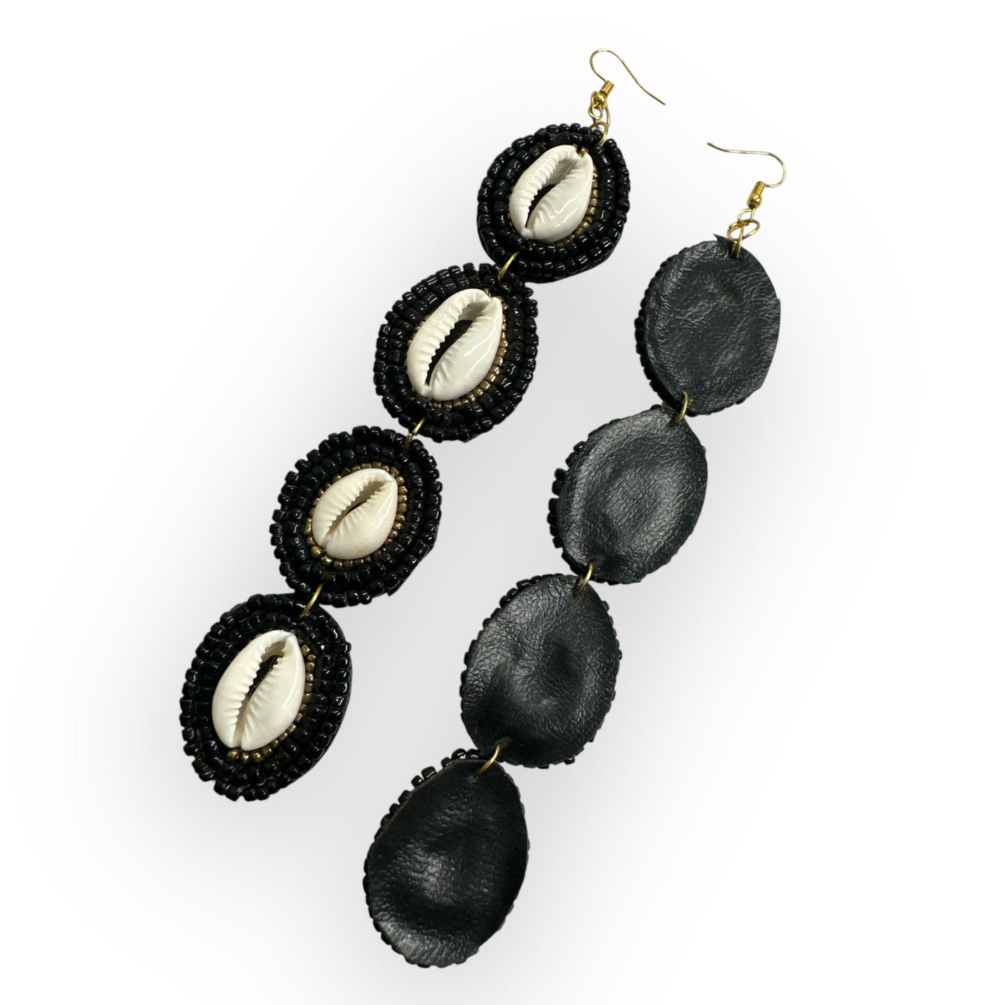Handmade Long Cowrie Shell Beaded Earrings - Statement Dangle Earrings with Black Beads - Fatisha Boutique