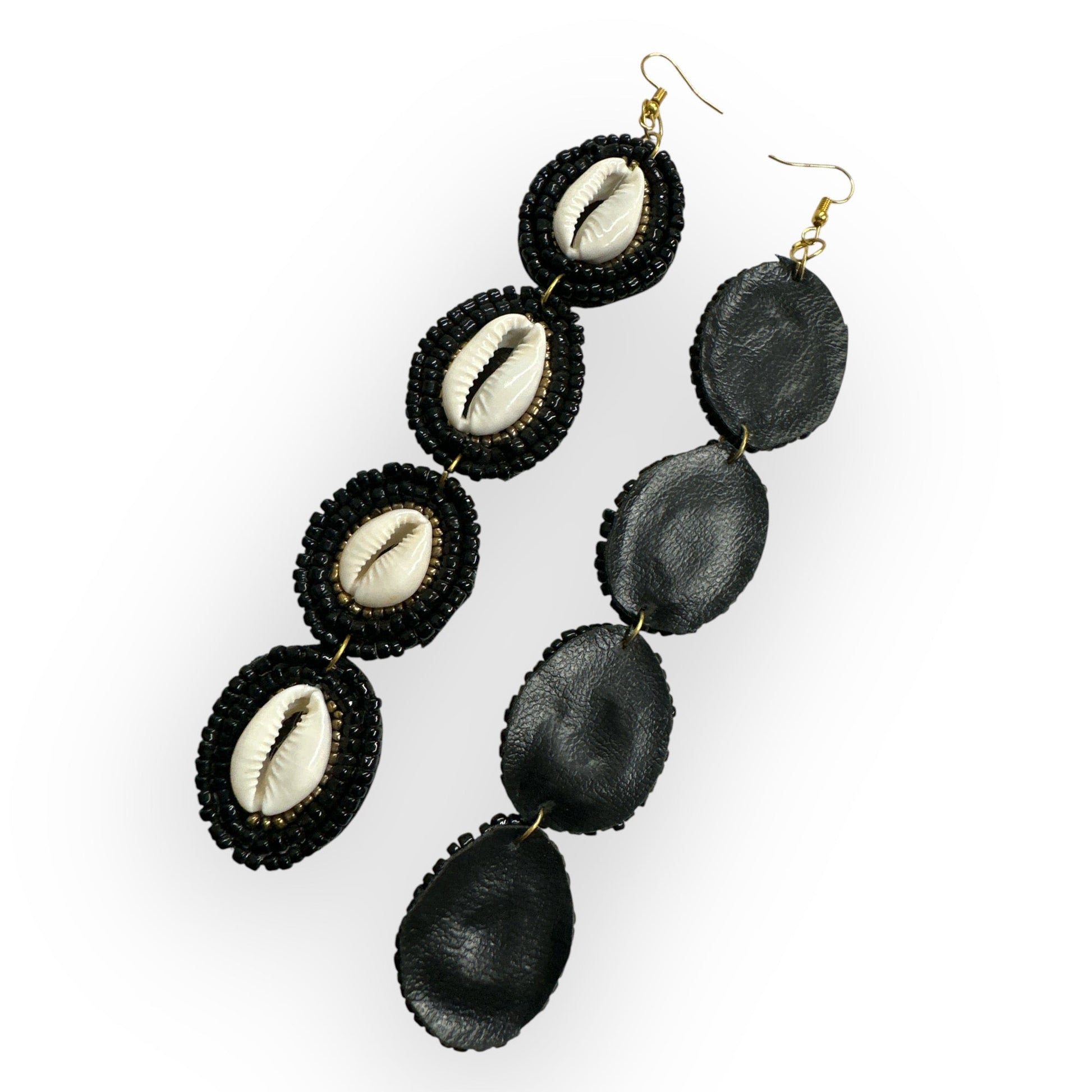 Handmade Long Cowrie Shell Beaded Earrings - Statement Dangle Earrings with Black Beads - Fatisha Boutique
