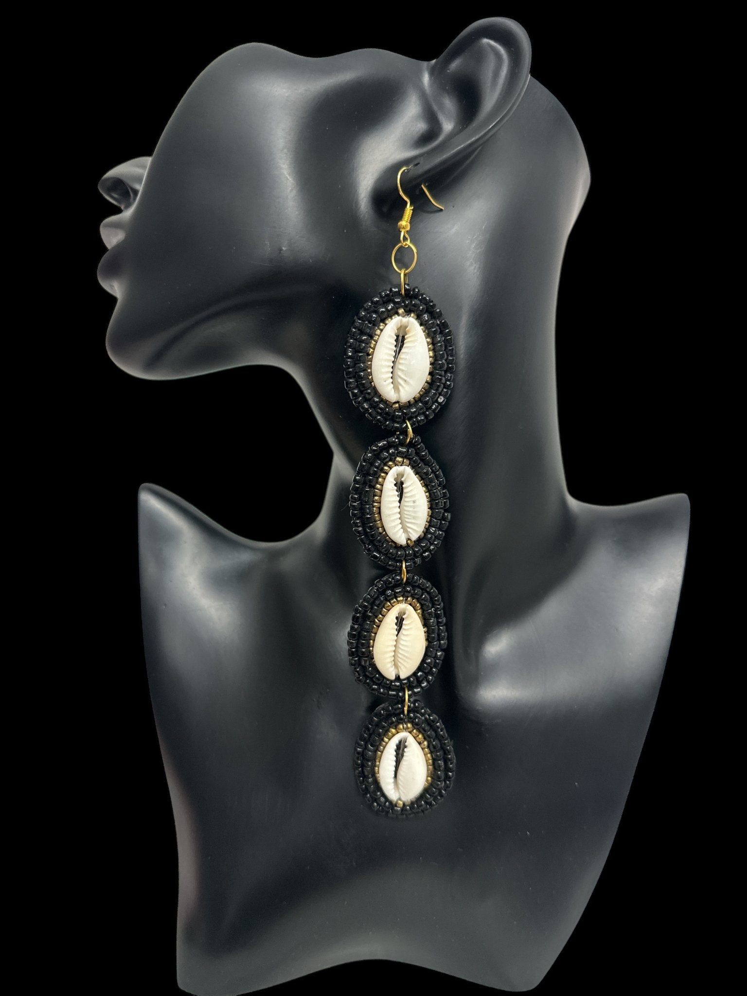 Handmade Long Cowrie Shell Beaded Earrings - Statement Dangle Earrings with Black Beads - Fatisha Boutique
