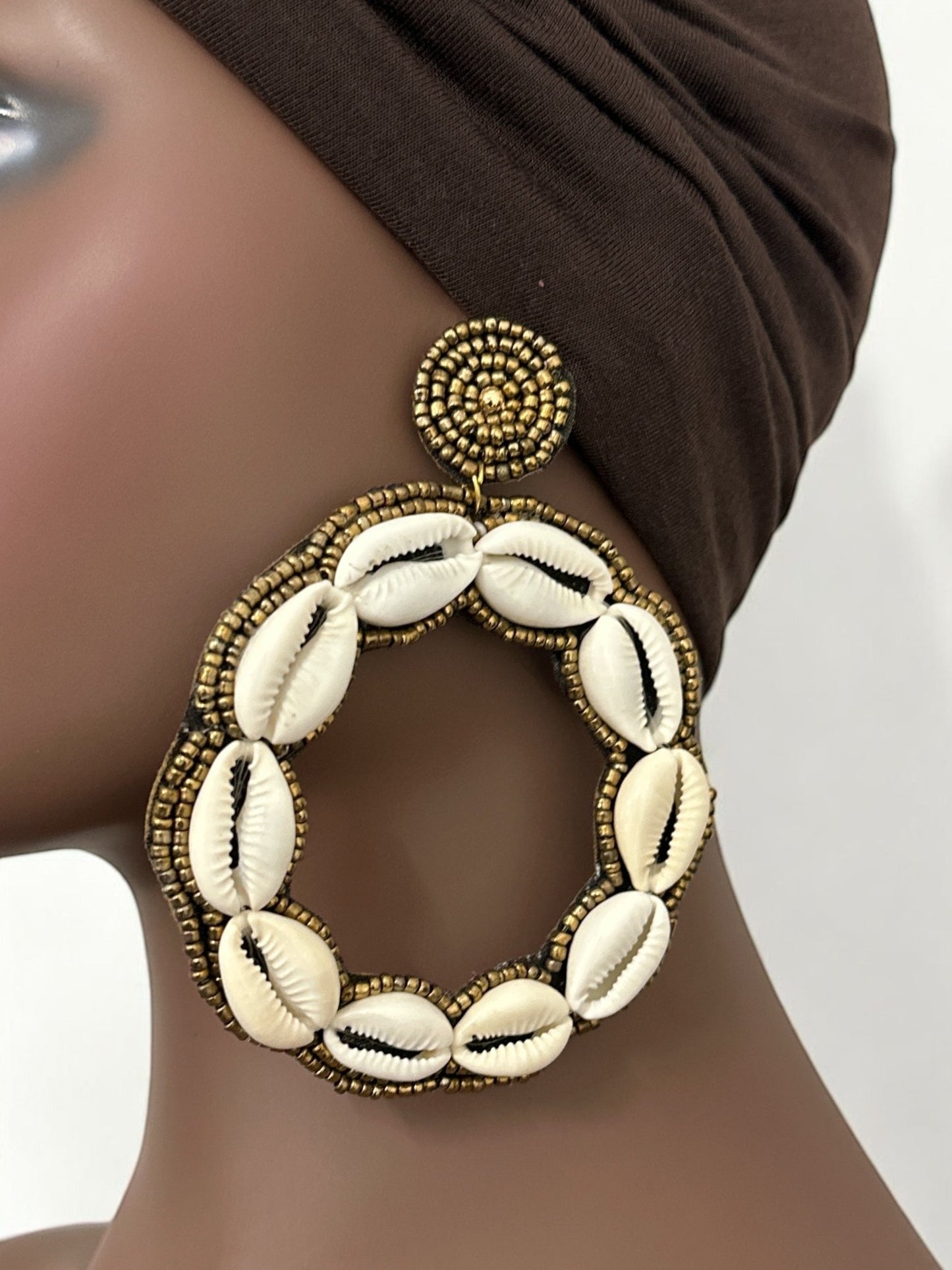 Handmade Round Cowrie Shell African Earrings - Bold Tribal Statement Hoops - Fatisha Boutique