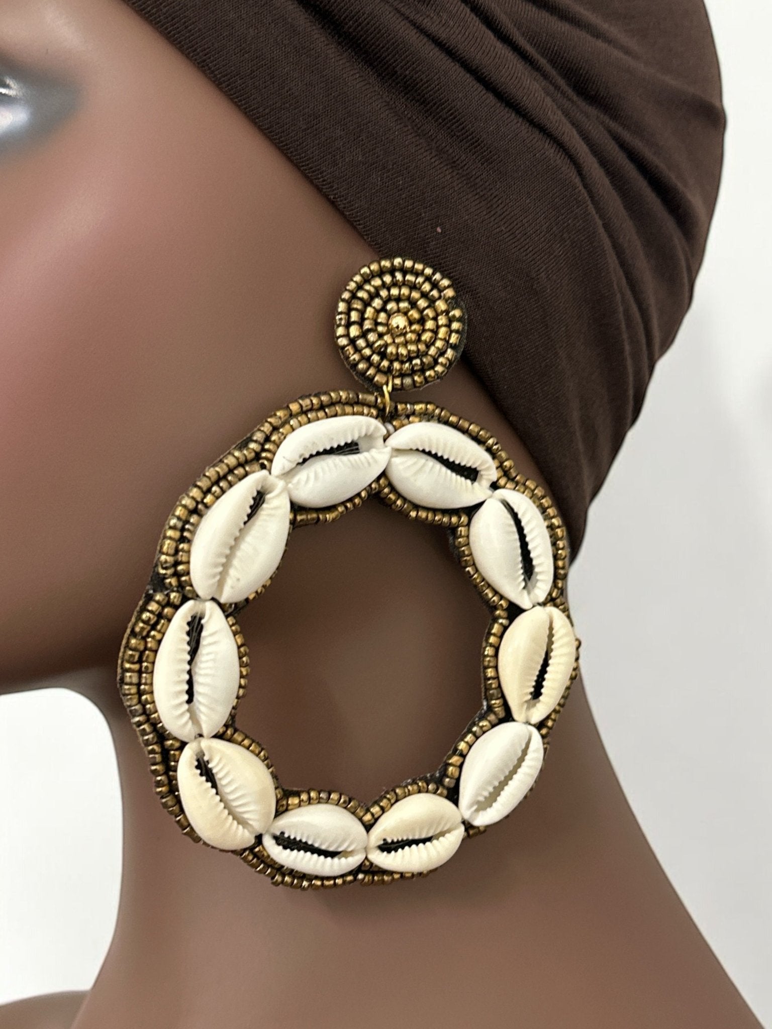 Handmade Round Cowrie Shell African Earrings - Bold Tribal Statement Hoops - Fatisha Boutique
