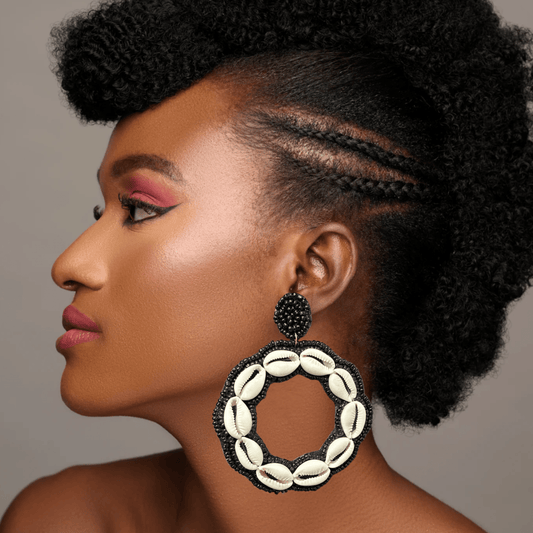 Handmade Round Cowrie Shell African Earrings - Bold Tribal Statement Hoops - Fatisha Boutique