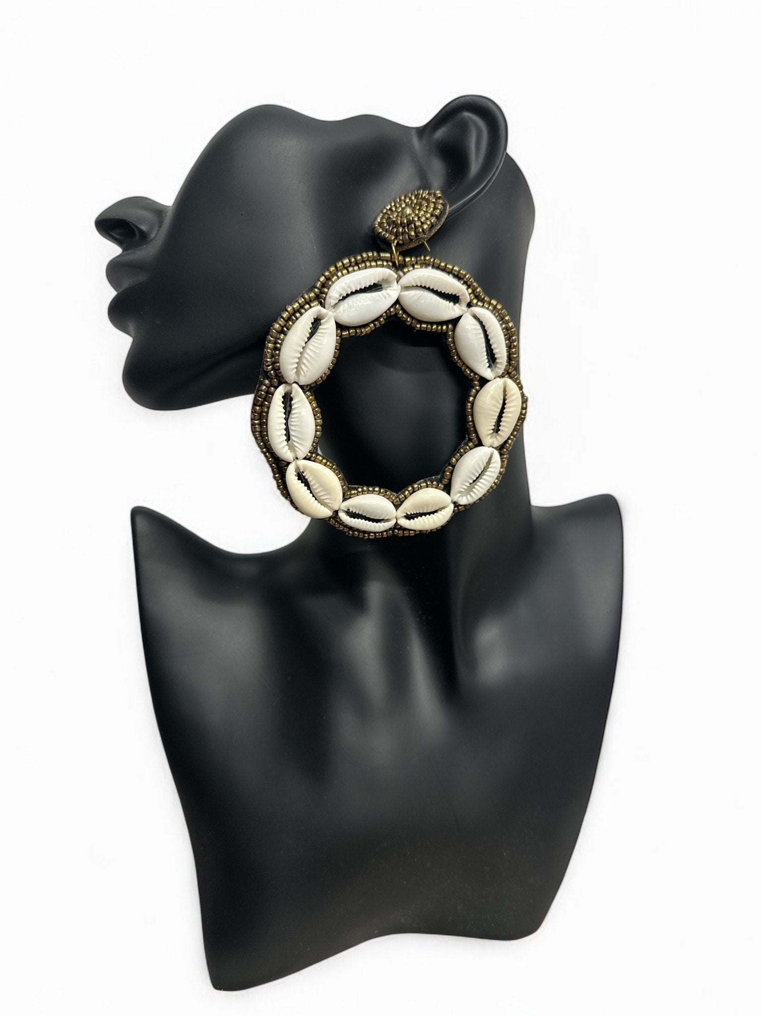 Handmade Round Cowrie Shell African Earrings - Bold Tribal Statement Hoops - Fatisha Boutique
