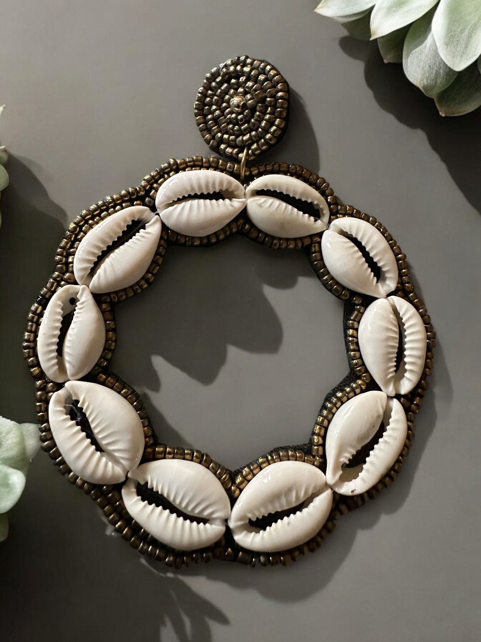 Handmade Round Cowrie Shell African Earrings - Bold Tribal Statement Hoops - Fatisha Boutique