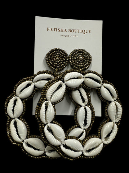Handmade Round Cowrie Shell African Earrings - Bold Tribal Statement Hoops - Fatisha Boutique
