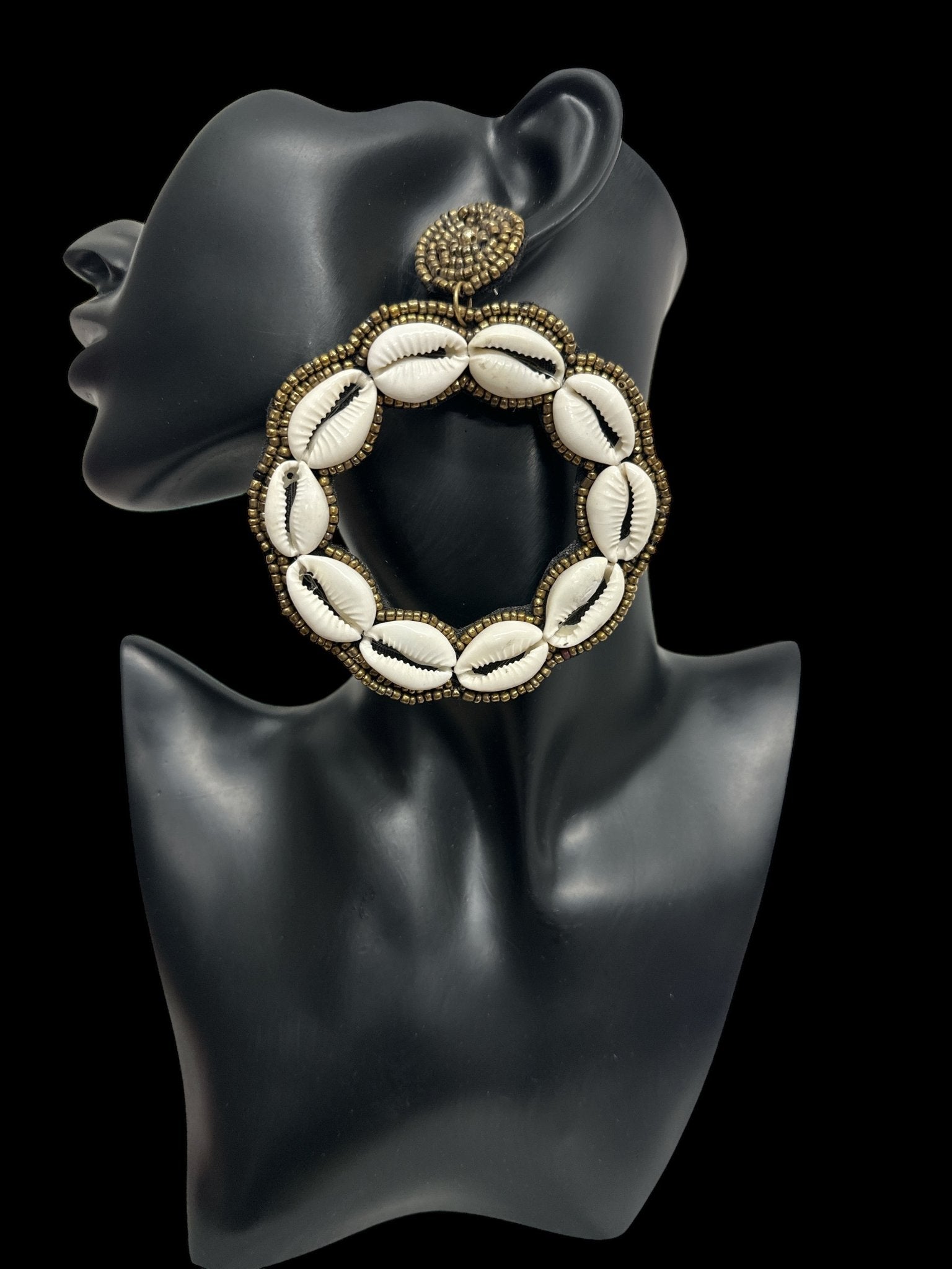 Handmade Round Cowrie Shell African Earrings - Bold Tribal Statement Hoops - Fatisha Boutique