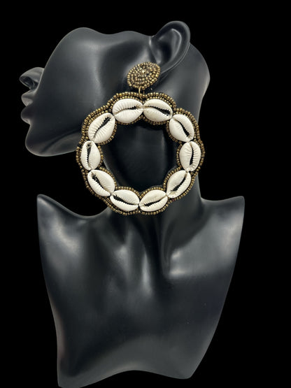 Handmade Round Cowrie Shell African Earrings - Bold Tribal Statement Hoops - Fatisha Boutique