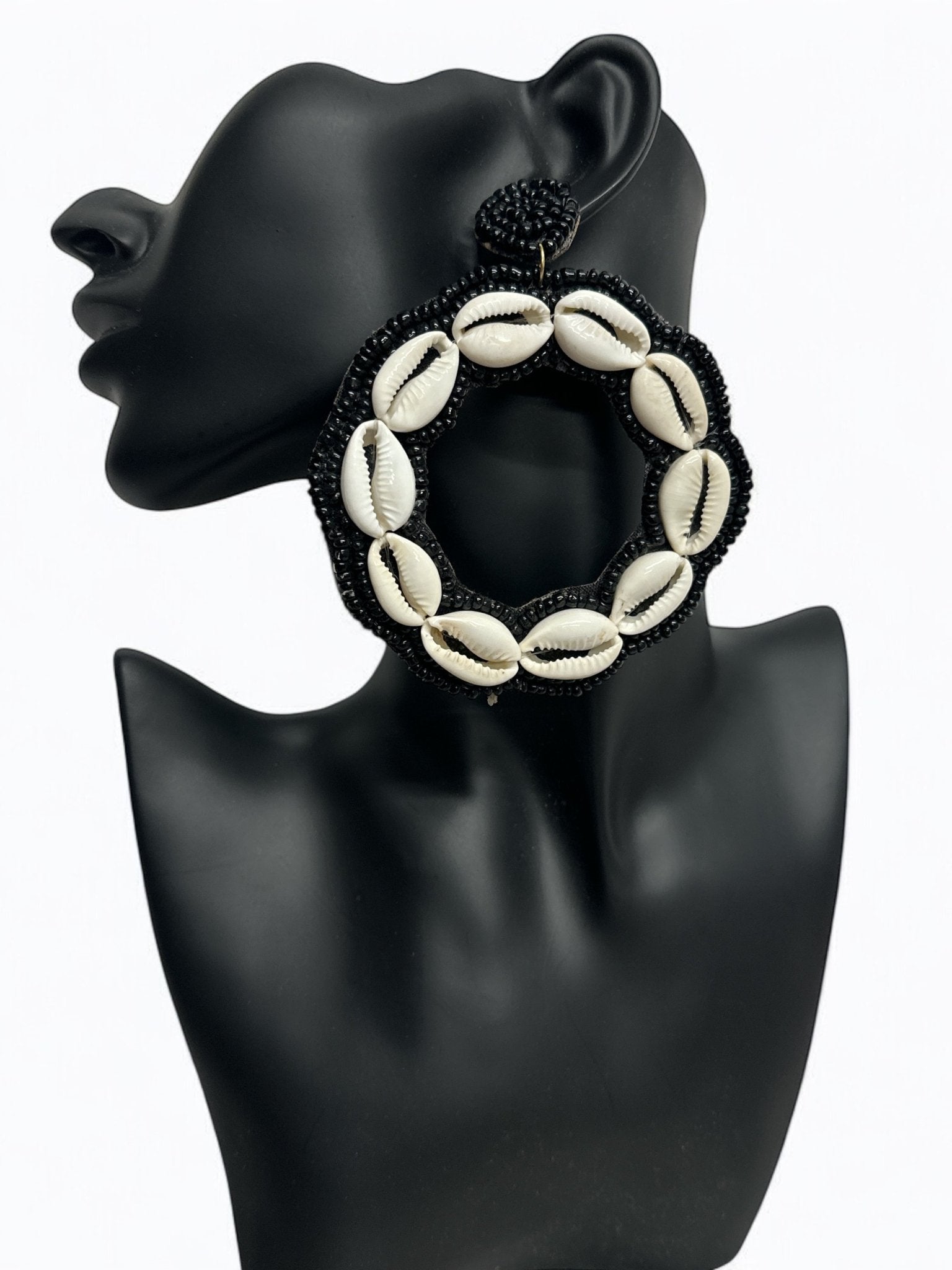 Handmade Round Cowrie Shell African Earrings - Bold Tribal Statement Hoops - Fatisha Boutique