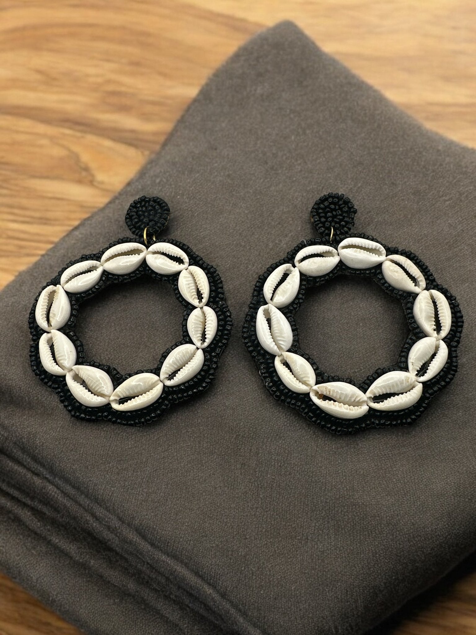 Handmade Round Cowrie Shell African Earrings - Bold Tribal Statement Hoops - Fatisha Boutique