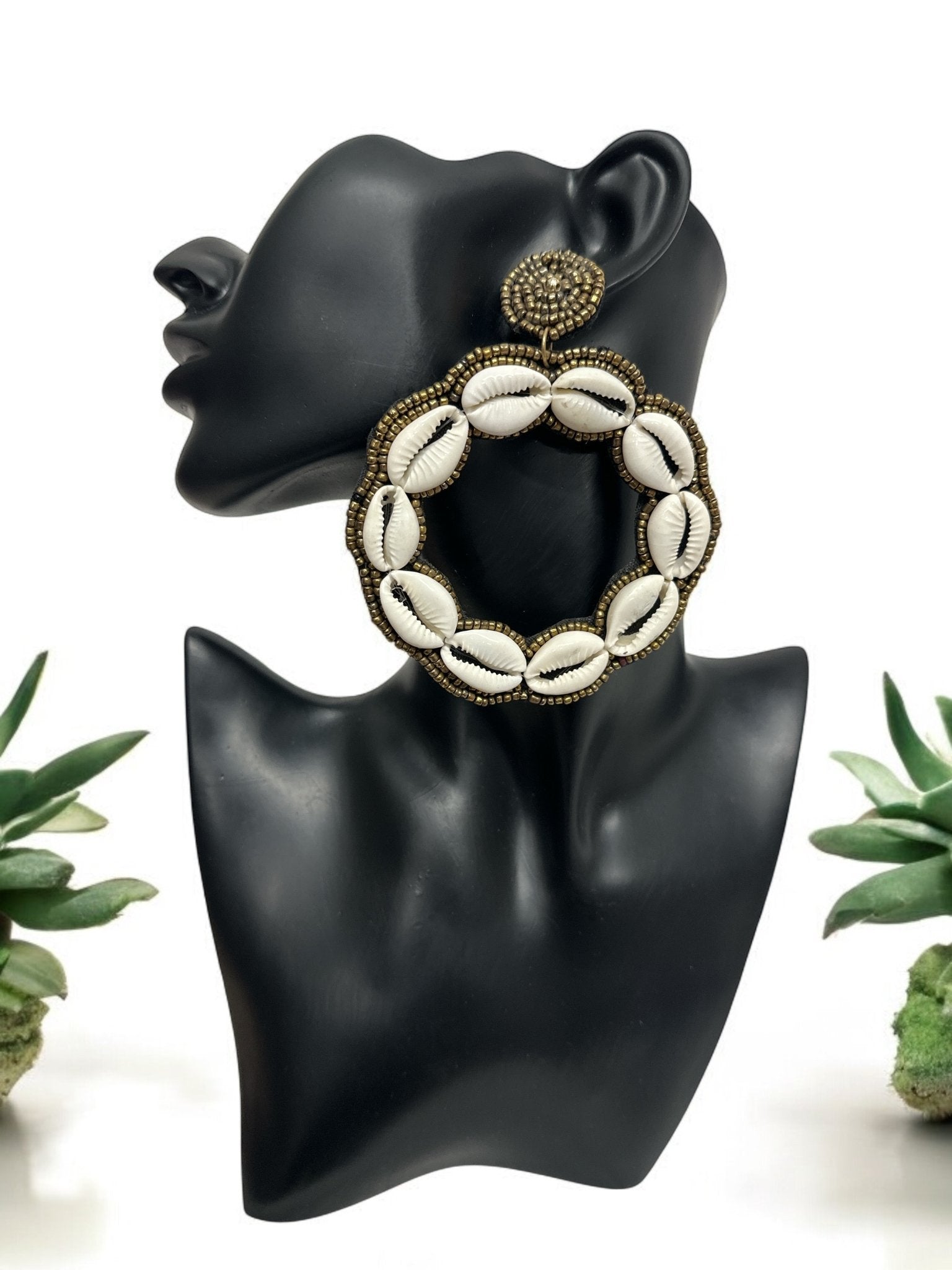 Handmade Round Cowrie Shell African Earrings - Bold Tribal Statement Hoops - Fatisha Boutique
