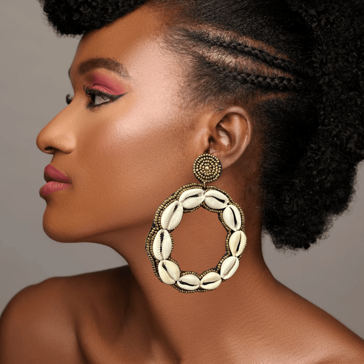 Handmade Round Cowrie Shell African Earrings - Bold Tribal Statement Hoops - Fatisha Boutique