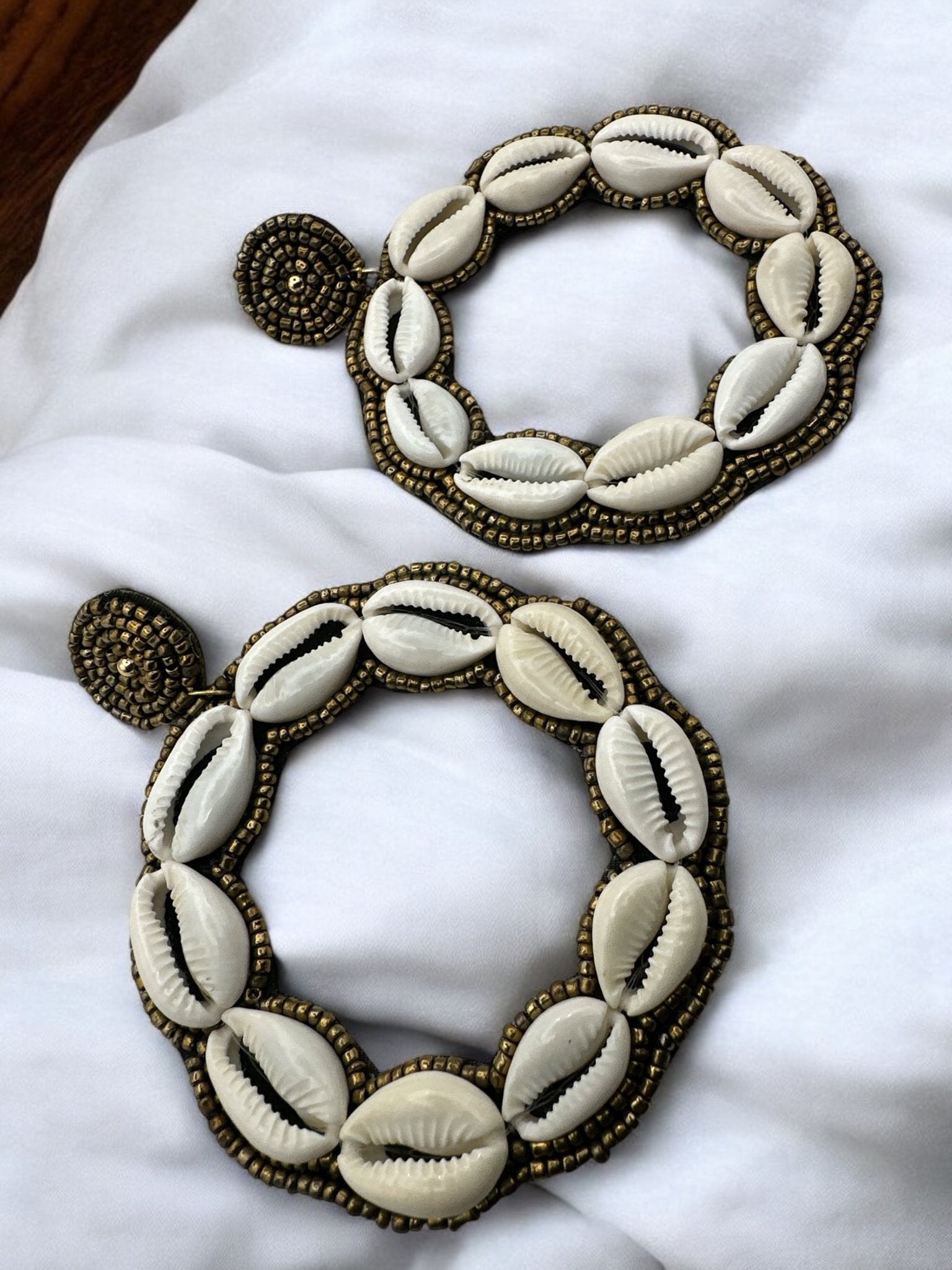 Handmade Round Cowrie Shell African Earrings - Bold Tribal Statement Hoops - Fatisha Boutique