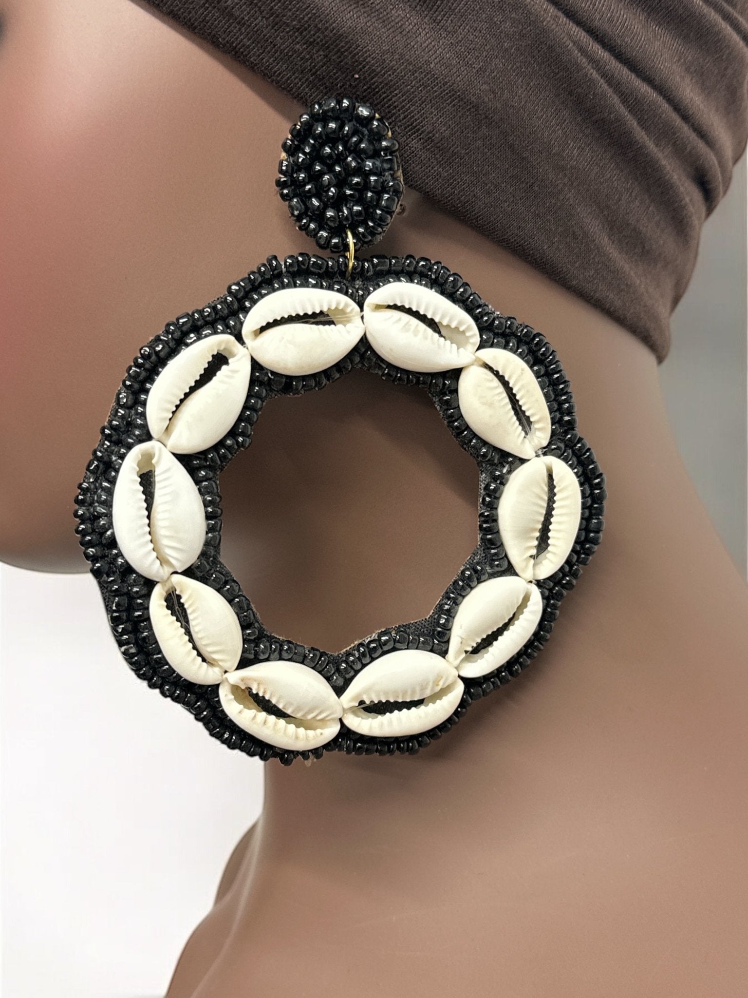 Handmade Round Cowrie Shell African Earrings - Bold Tribal Statement Hoops - Fatisha Boutique