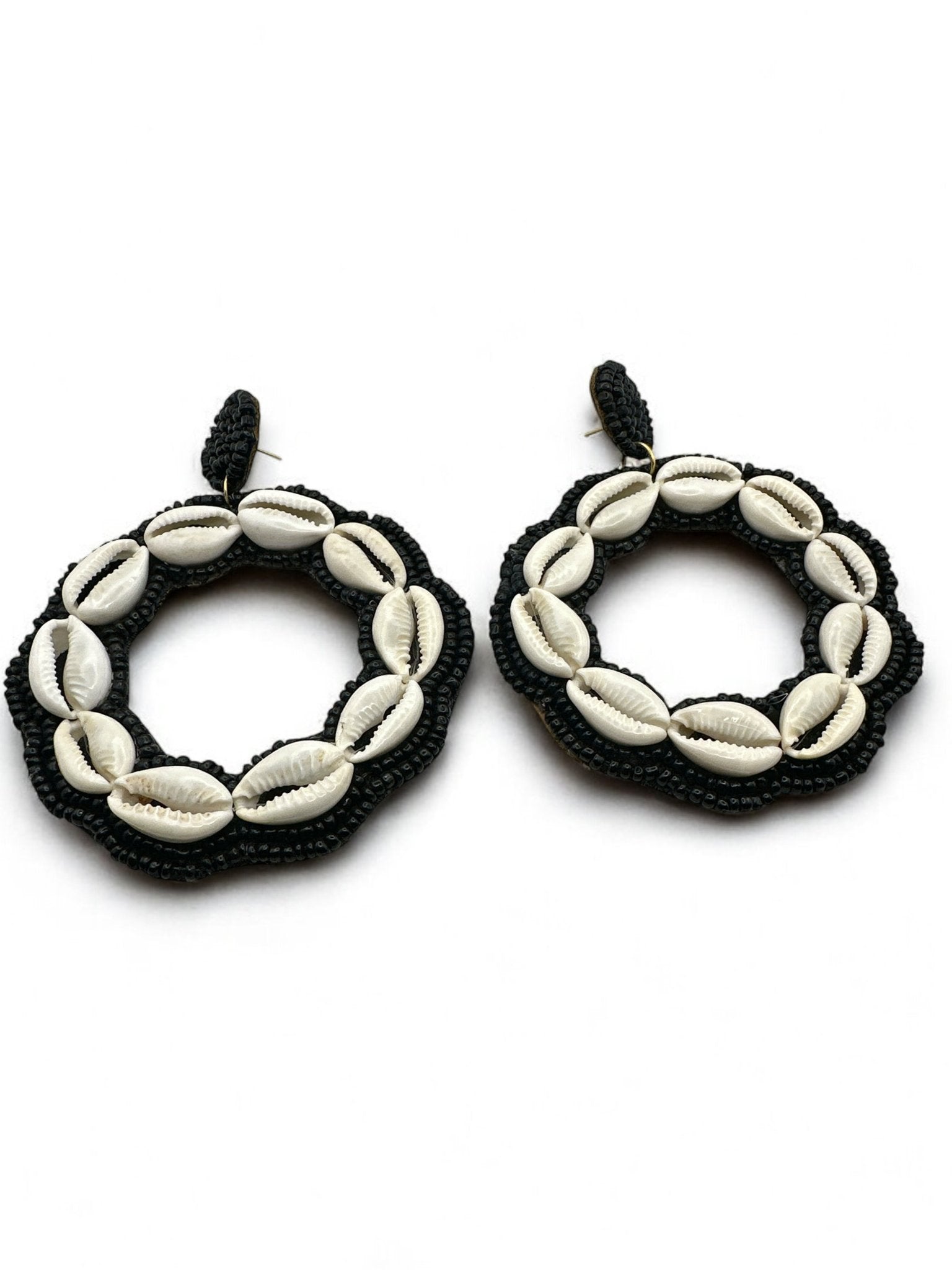 Handmade Round Cowrie Shell African Earrings - Bold Tribal Statement Hoops - Fatisha Boutique