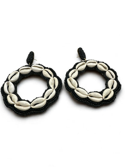 Handmade Round Cowrie Shell African Earrings - Bold Tribal Statement Hoops - Fatisha Boutique