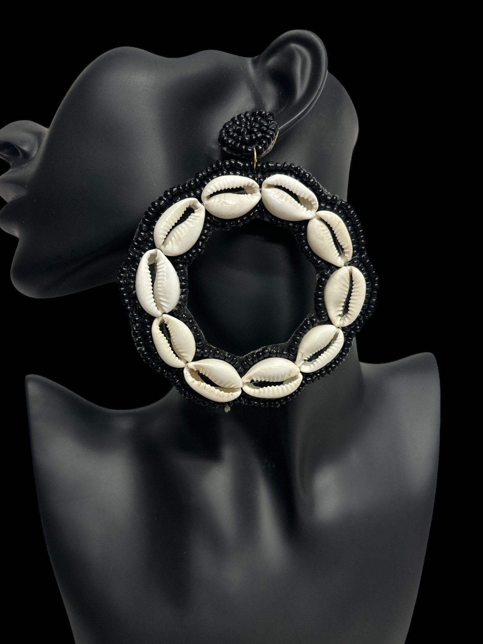 Handmade Round Cowrie Shell African Earrings - Bold Tribal Statement Hoops - Fatisha Boutique