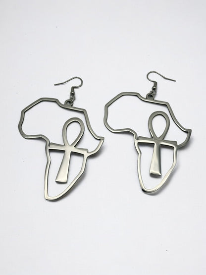 Large Africa Map Shaped Ankh Key Dangle Statement Earrings - Fatisha Boutique