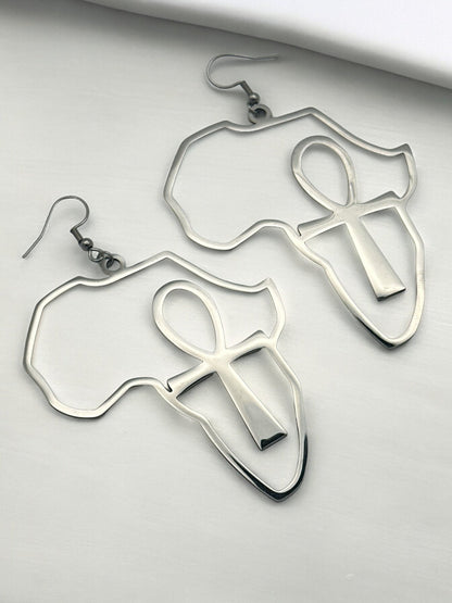 Large Africa Map Shaped Ankh Key Dangle Statement Earrings - Fatisha Boutique