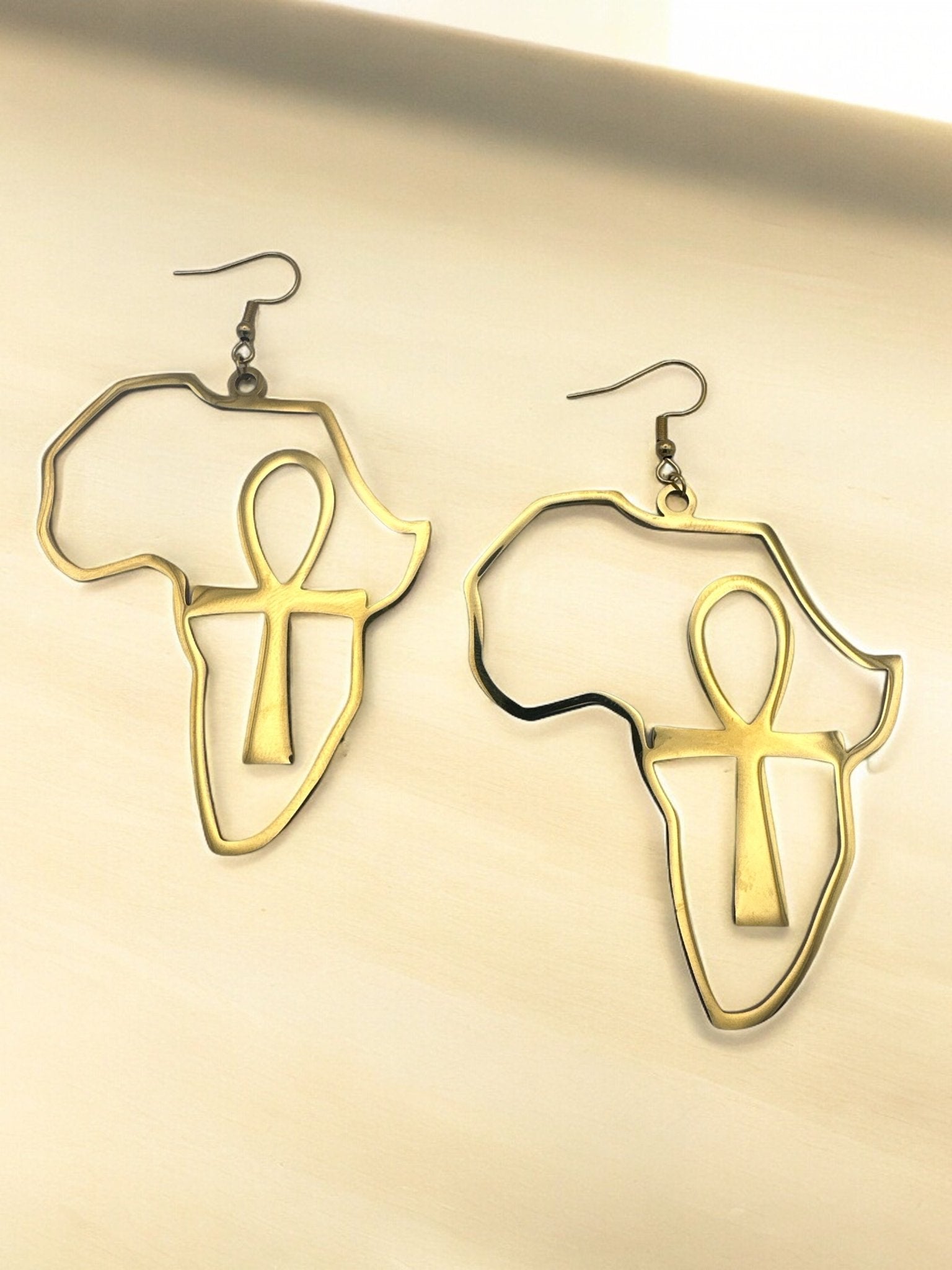 Large Africa Map Shaped Ankh Key Dangle Statement Earrings - Fatisha Boutique
