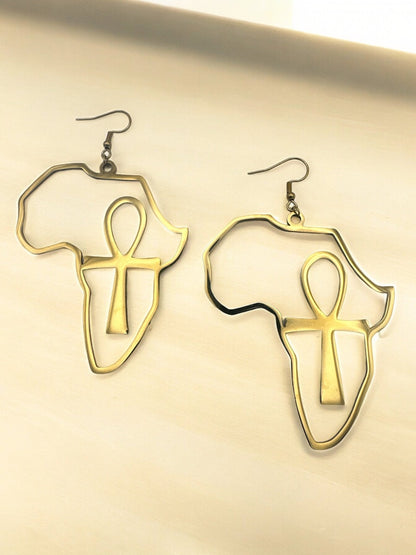 Large Africa Map Shaped Ankh Key Dangle Statement Earrings - Fatisha Boutique