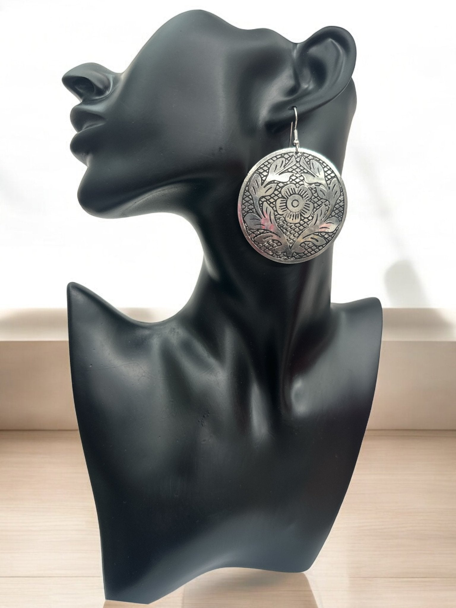 Lightweight Engraved Round Silver Plated Brass Metal Dangle Ethnic Earrings - Fatisha Boutique