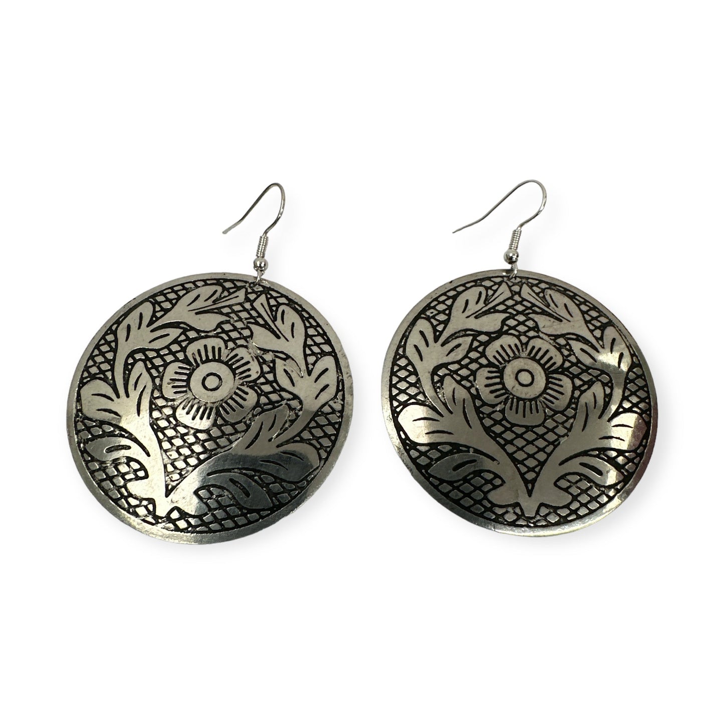 Lightweight Engraved Round Silver Plated Brass Metal Dangle Ethnic Earrings - Fatisha Boutique