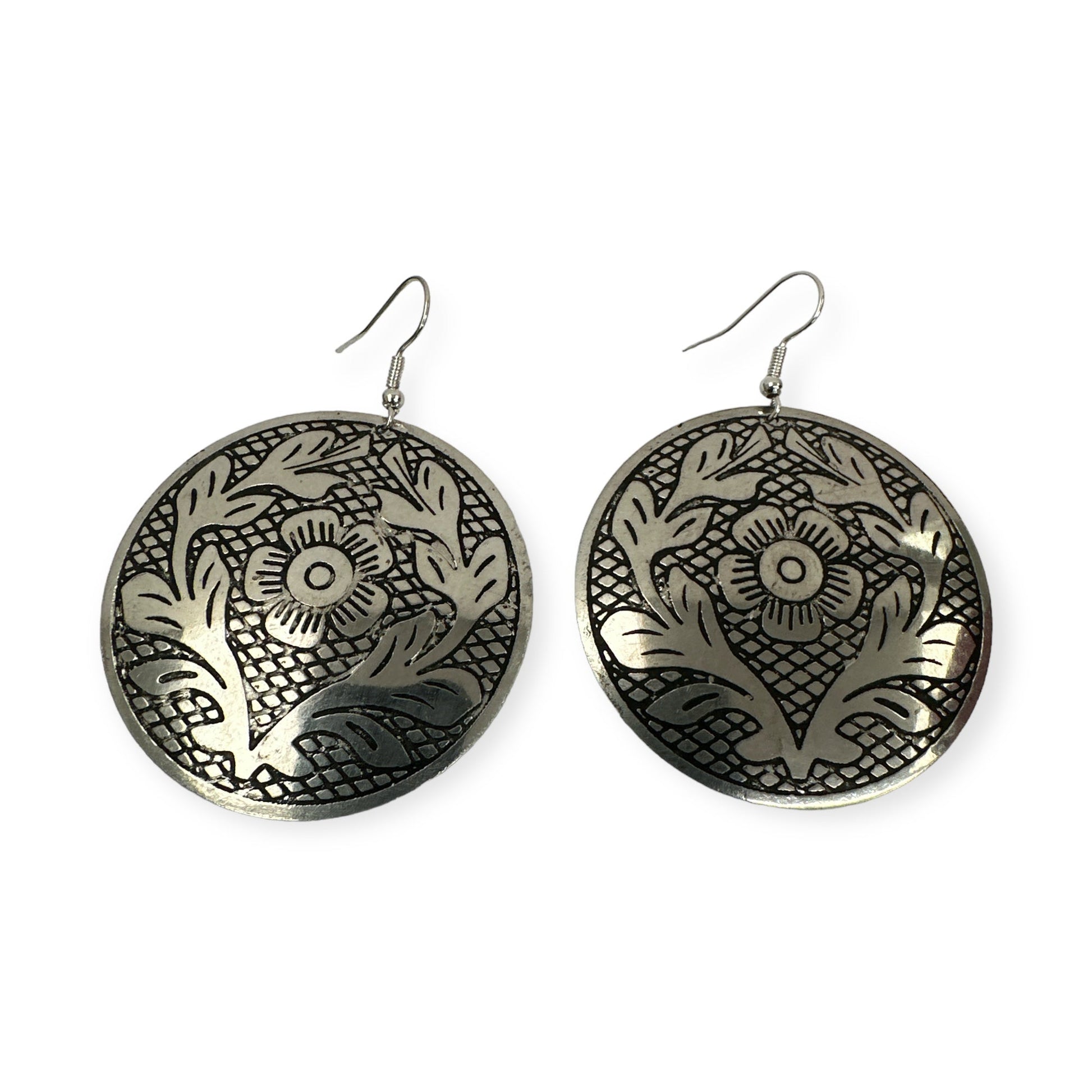 Lightweight Engraved Round Silver Plated Brass Metal Dangle Ethnic Earrings - Fatisha Boutique